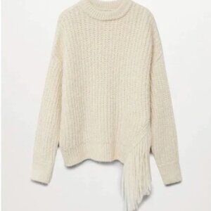 Mango MNG Cream Heavy Knit Long Sleeve High Neck Fringe Sweater